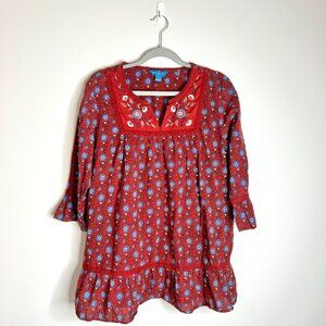April Cornell Red Embroidered Western Prairie Ruffle Hem Tunic Top Cottagecore L